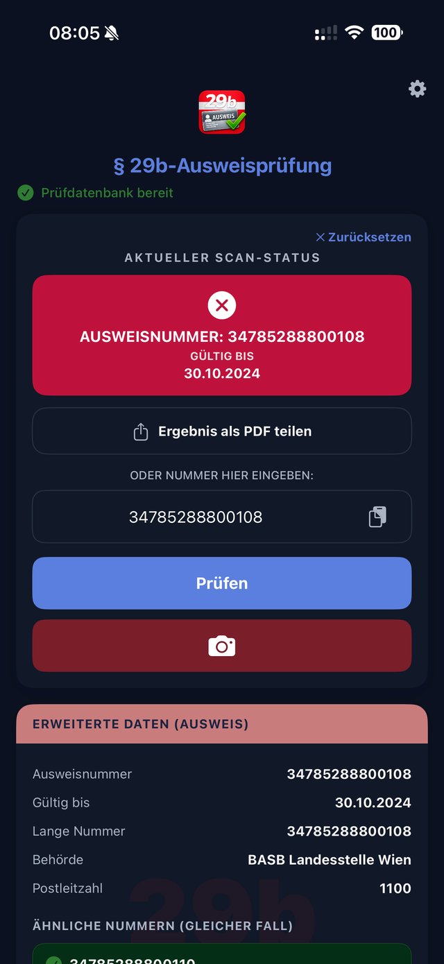App zeigt abgelaufenen Ausweis mit Option, das Ergebnis als PDF zu teilen