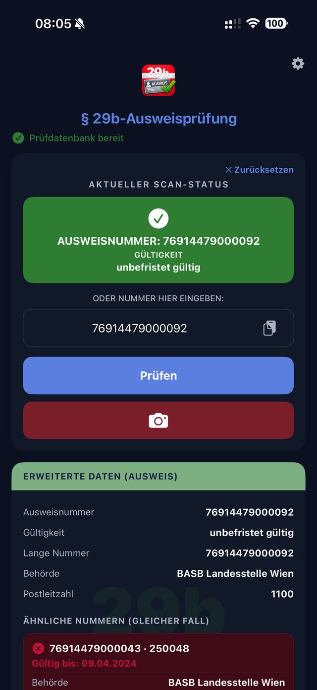 App zeigt gültigen Ausweis mit Datum und ähnlicher Nummer