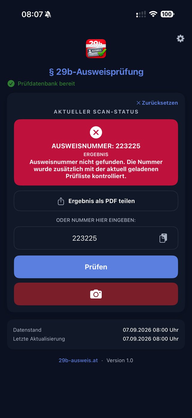 App zeigt Hinweis, dass eine Ausweisnummer nicht gefunden wurde, inklusive Live-Nachprüfung